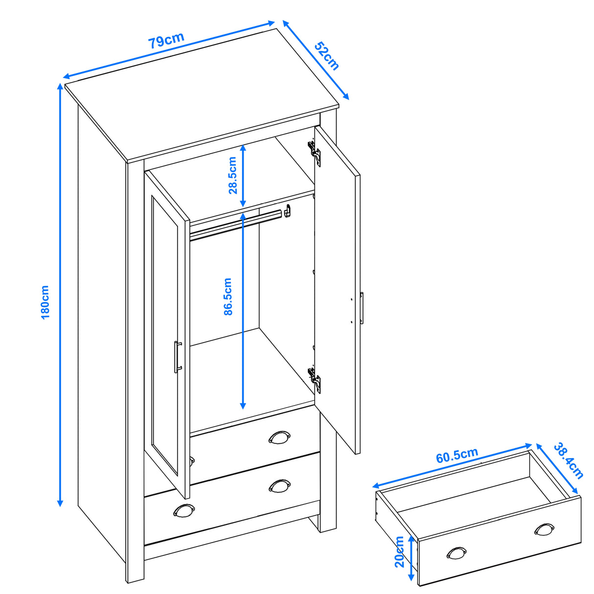 Dimension diagram of grey Shaker double wardrobe with drawers and hanging space, highlighting compact 180cm height and 79cm width.