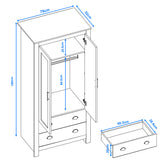Dimension diagram of grey Shaker double wardrobe with drawers and hanging space, highlighting compact 180cm height and 79cm width.