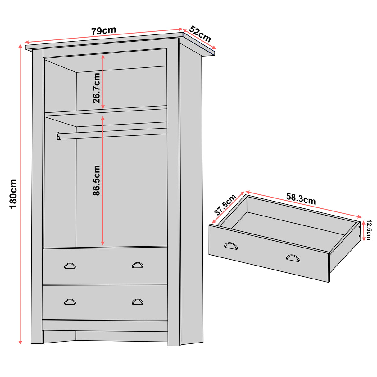 Dimension diagram of grey Shaker double wardrobe with drawers and hanging space, highlighting compact 180cm height and 79cm width.
