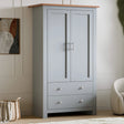 [grey] matte shaker wardrobe with oak top styled in panelled bedroom beside woven basket and armchair