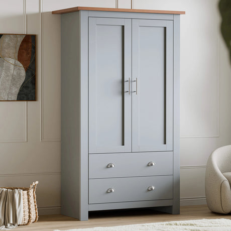 [grey] matte shaker wardrobe with oak top styled in panelled bedroom beside woven basket and armchair