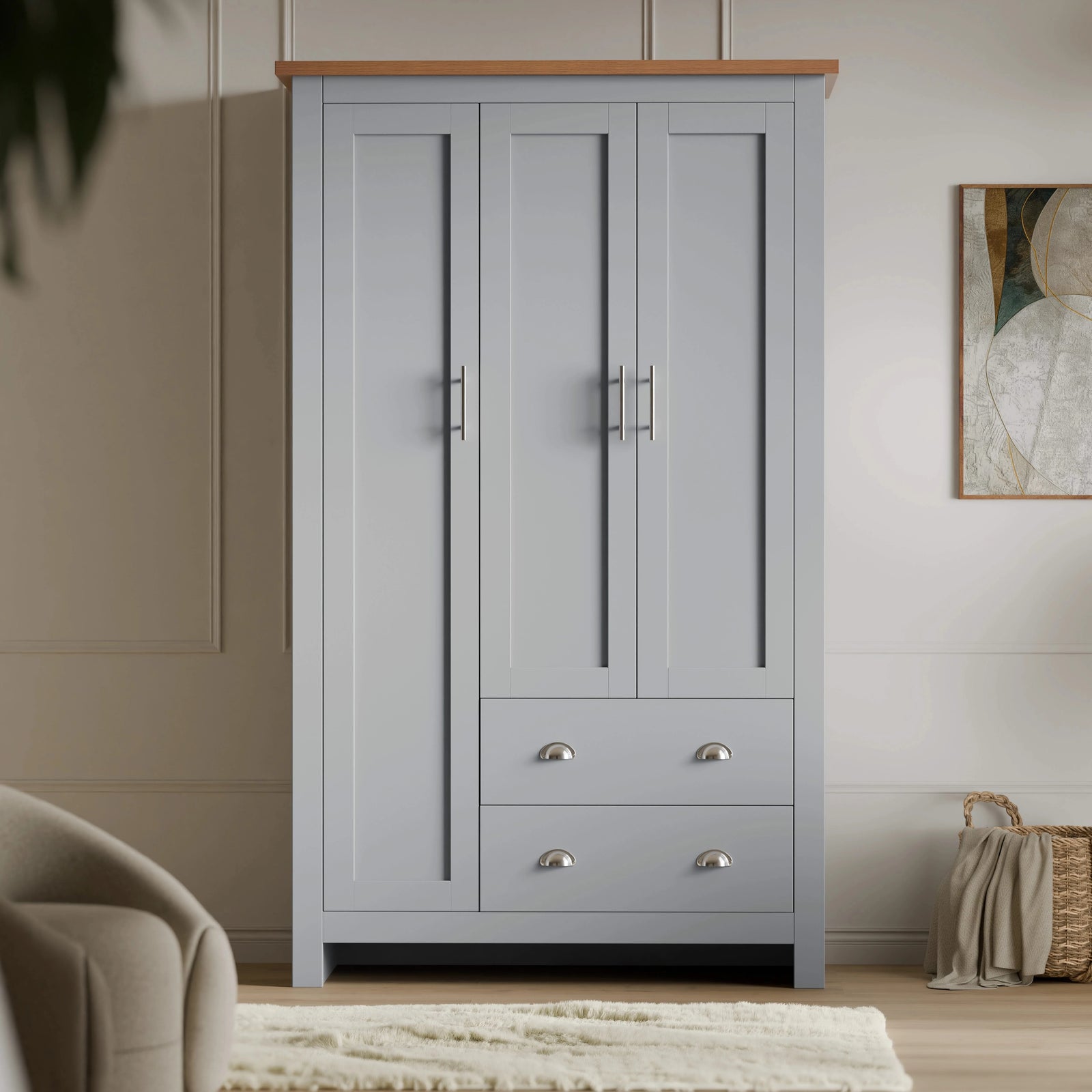 [Grey] Grey shaker 3 door wardrobe with oak top, three silver bar door handles and two bottom drawers with cup handles