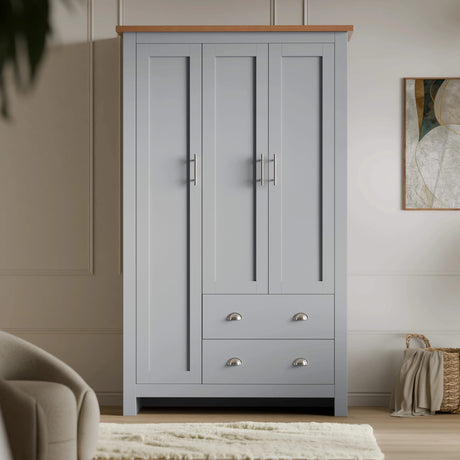 [Grey] Grey shaker 3 door wardrobe with oak top, three silver bar door handles and two bottom drawers with cup handles