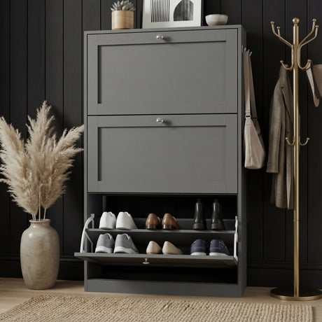 Grey shaker shoe cabinet with pull-down compartment and lower open shoe rack in hallway setting