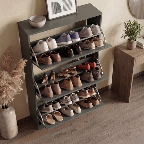  [Grey] Shaker Shoe Cabinet open showing tiered shelves holding multiple pairs of shoes across all three compartments with pampas vase and wooden console alongside