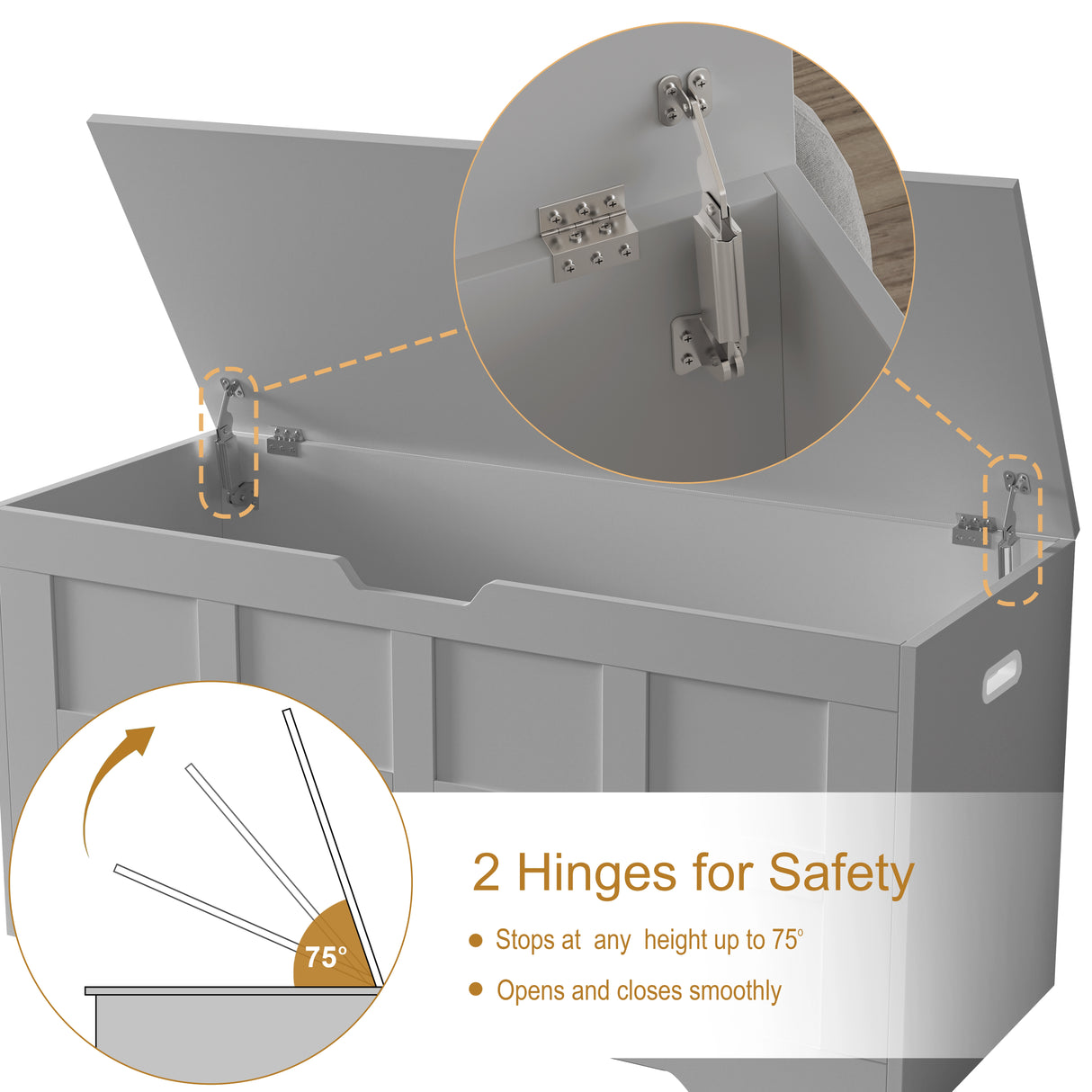 [Grey] Storage Chest - Shaker Style Blanket or Toy Box With Lid & Safety Hinges in grey finish, featuring soft-close safety hinges and cutout handles.