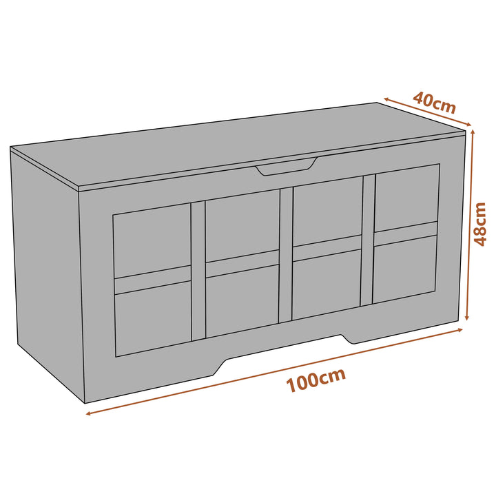 [Grey] Grey storage bench with dimensions labeled on a white background