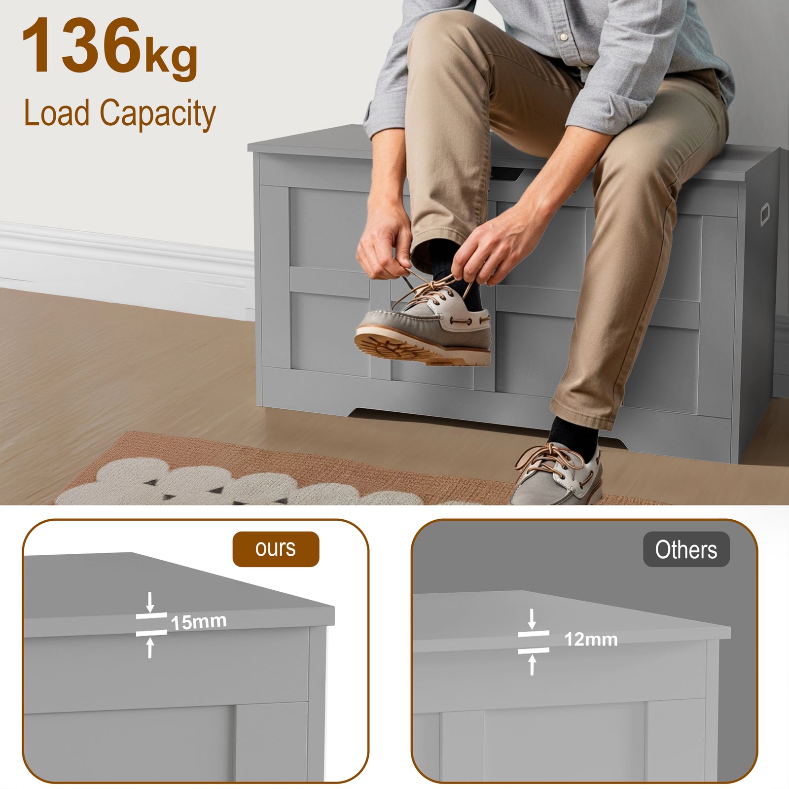[Grey] Adult seated on grey shaker storage chest tying shoelaces, infographic shows 15mm thickness compared to 12mm
