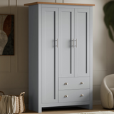 Buy Shaker Triple Wardrobe With Shelves And Drawers in grey finish featuring 3 shaker-style doors, 2 drawers, and a wooden top for elegant bedroom storage.