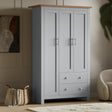 Buy Shaker Triple Wardrobe With Shelves And Drawers in grey finish featuring 3 shaker-style doors, 2 drawers, and a wooden top for elegant bedroom storage.