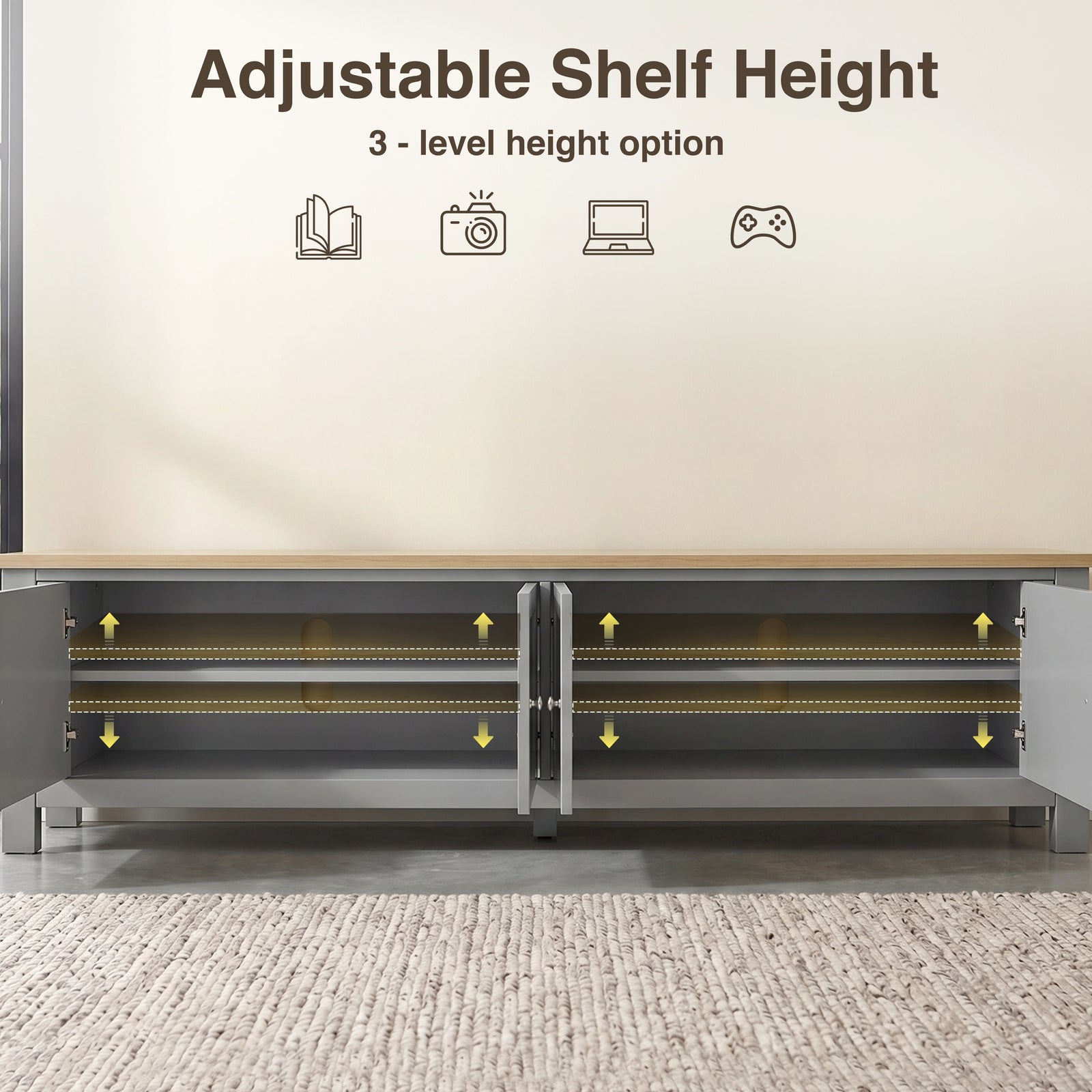 [Grey] Shaker TV unit 180cm adjustable shelf height infographic showing 3 position options