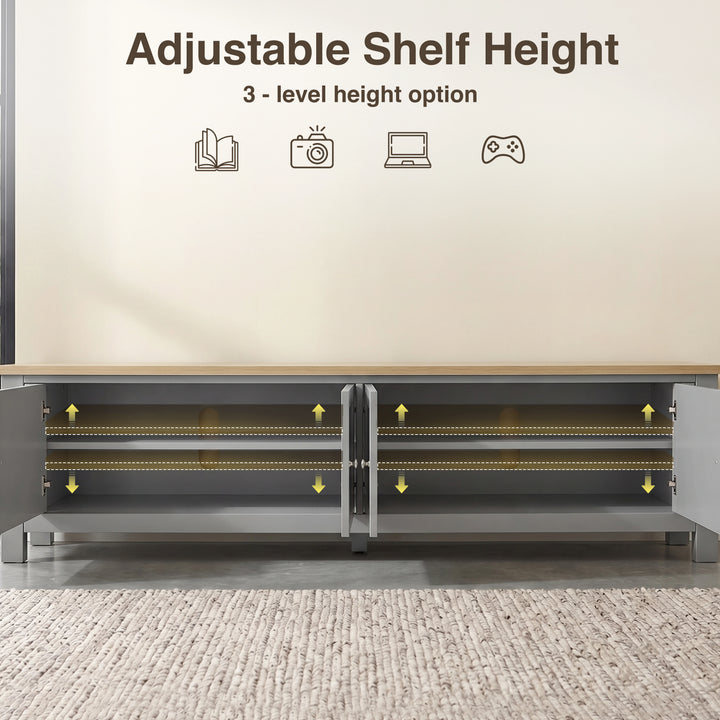[Grey] Shaker TV unit 180cm adjustable shelf height infographic showing 3 position options