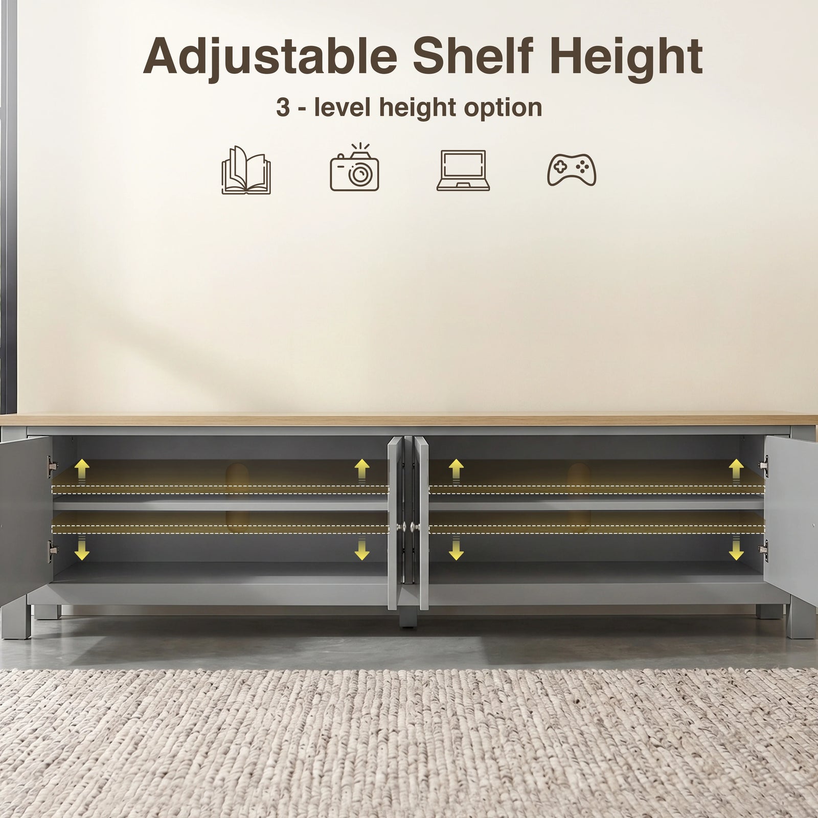 [Grey] Shaker TV unit 180cm adjustable shelf height infographic showing 3 position options
