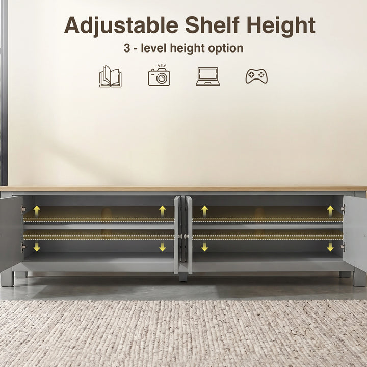 [Grey] Shaker TV unit 180cm adjustable shelf height infographic showing 3 position options