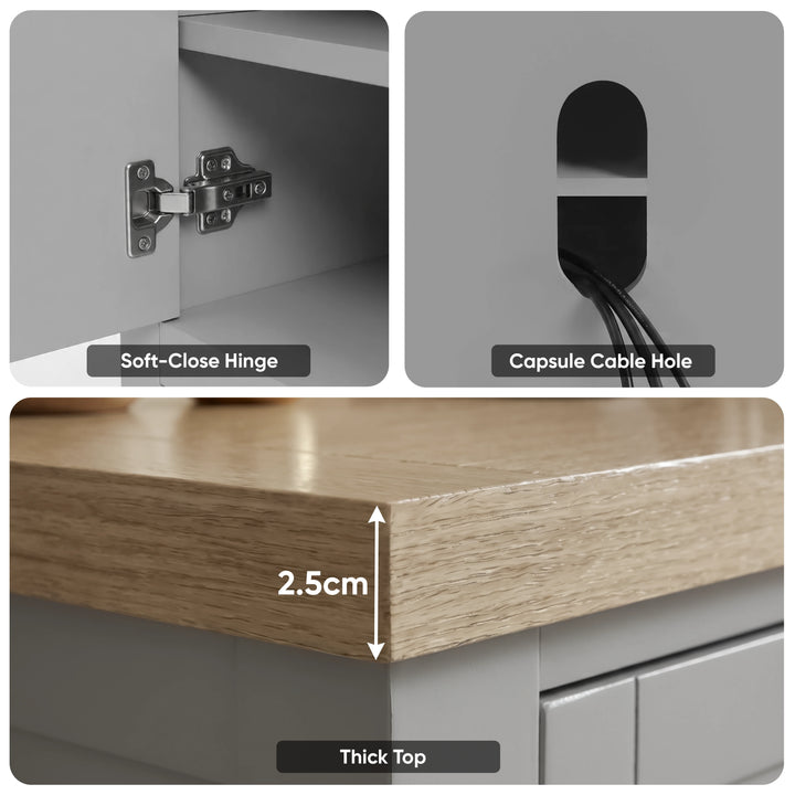 [Grey] Shaker TV unit 180cm cable management holes infographic showing port sizes and measurements