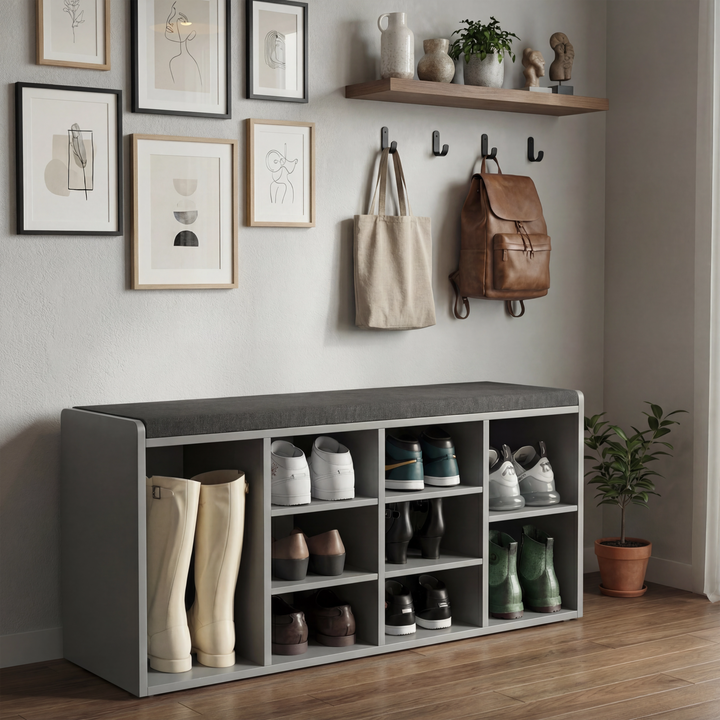 [Grey] Hallway shoe storage bench grey finish, framed art wall above, cream boots in left cubby