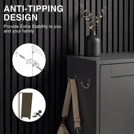 Grey shoe storage unit anti-tipping safety design with wall anchoring hardware detail and two side hooks