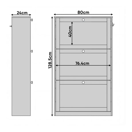 Grey hallway shoe unit dimension diagram with height 128.5 cm, width 80 cm, and depth 24 cm