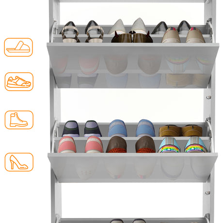 Fully open narrow shoe cabinet with space for various shoes like boots, slippers, Crocs, and wellies.