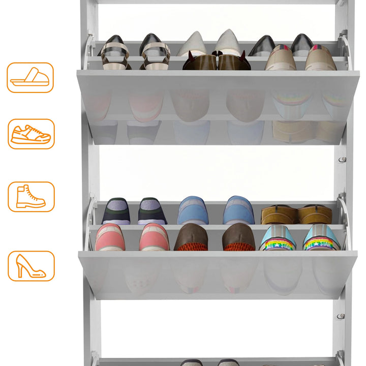 [Silver Grey] Fully open narrow shoe cabinet with space for various shoes like boots, slippers, Crocs, and wellies.