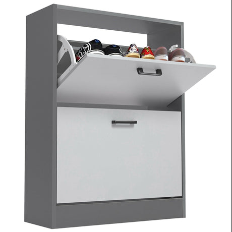 grey shoe cabinet with a pull-out shelf and a smooth white drawer, designed for easy shoe storage