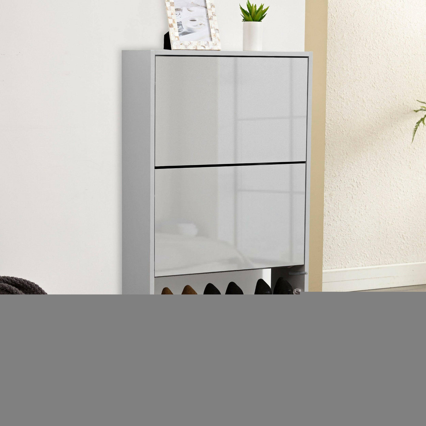 High gloss grey shoe storage cabinet with two drawers and bottom compartment for shoes