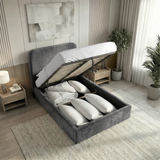 Single grey velvet ottoman bed lifted to reveal under-bed storage compartment beneath the slatted base