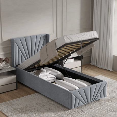 Velvet Ottoman Storage Bed | Sunrise Ottoman Bed Frame in grey with gas-lift mechanism open, showing under-bed storage filled with bedding.