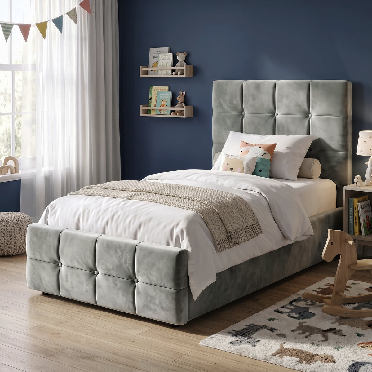 [Single | Grey] Single Ottoman Storage Bed Grey Velvet Square Tufted styled in a charming child's bedroom setting.
