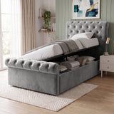 [Single | Grey] Hydraulic lift mechanism raised to reveal under-bed storage space on the Chesterfield Single Ottoman Storage Bed Frame.
