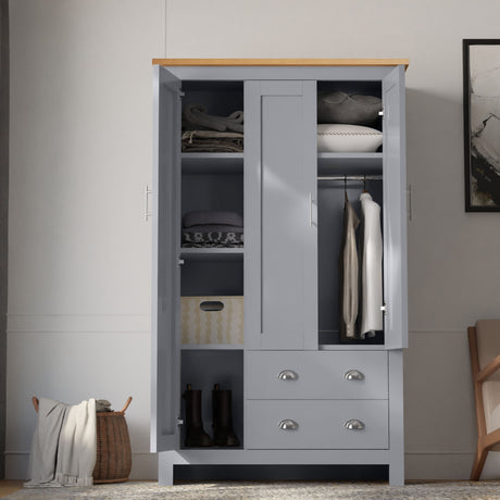 Grey single wardrobe open with clothes and cushions stylish storage for modern bedrooms