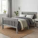 Grey single bed frame with a slatted design in wood, offering a modern and sturdy base for restful sleep