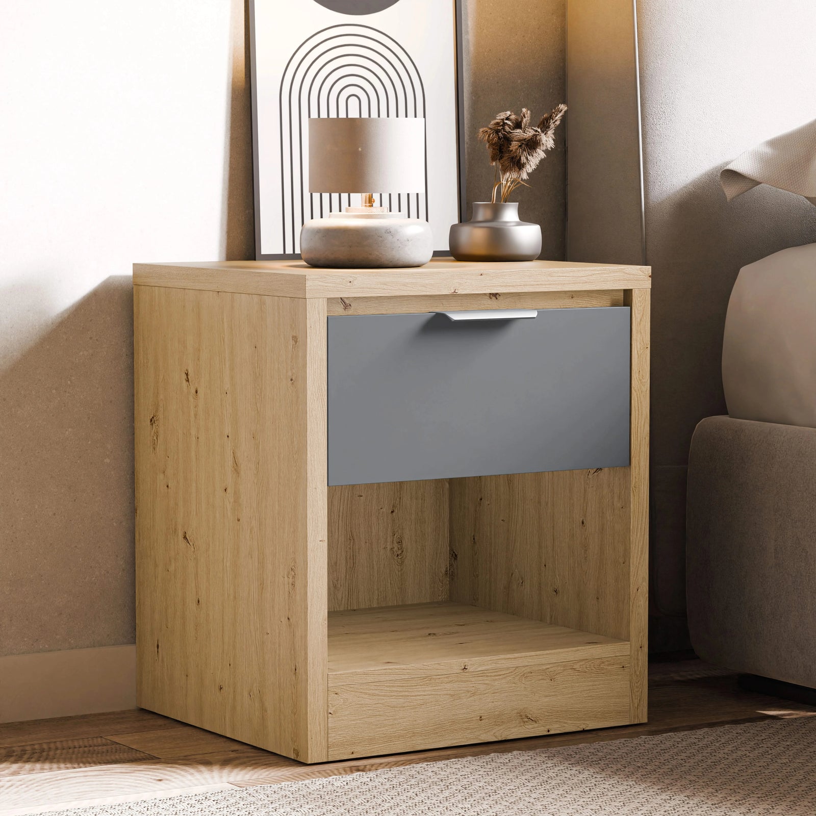 [Oak+Grey] Skova bedroom furniture set bedside cabinet, grey drawer over open compartment, candle on top
