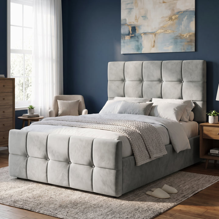 [Small Double | Grey] Small Double Ottoman Storage Bed Grey Velvet Square Tufted styled against a deep blue wall.