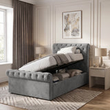 [Small Double | Grey] Hydraulic lift mechanism raised to reveal under-bed storage space on the Chesterfield Small Double Ottoman Storage Bed.