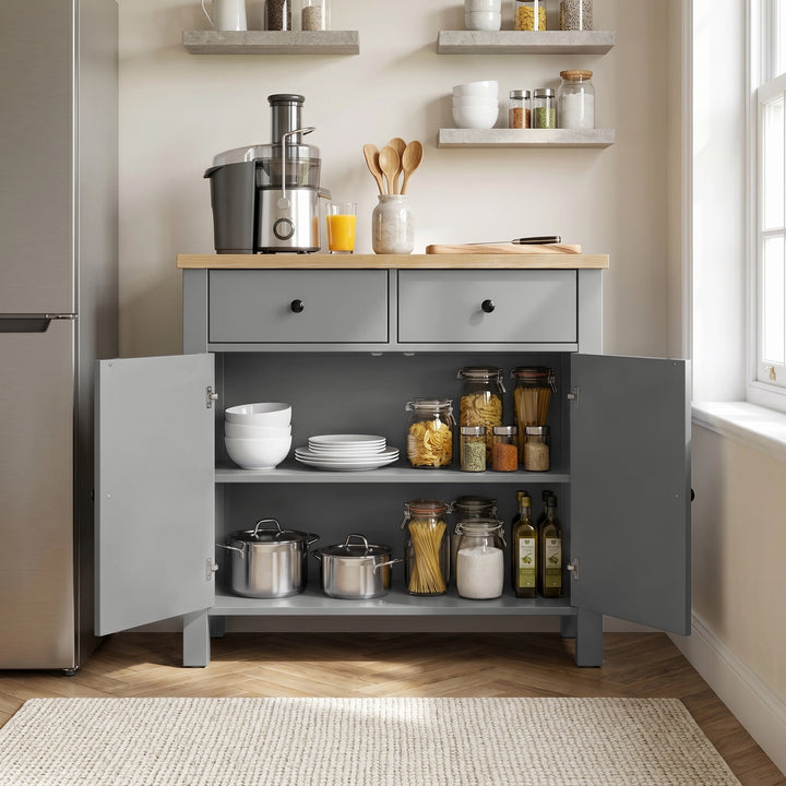 [Grey] Linra Grey Painted 2 Door Sideboard with Drawers - Oak Top kitchen layout with both cupboard doors fully open.