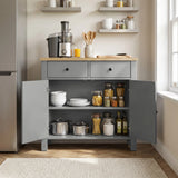 [Grey] Linra Grey Painted 2 Door Sideboard with Drawers - Oak Top kitchen layout with both cupboard doors fully open.
