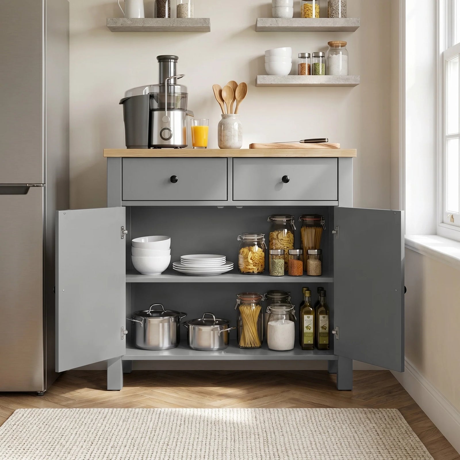 [Grey] Linra Grey Painted 2 Door Sideboard with Drawers - Oak Top kitchen layout with both cupboard doors fully open.