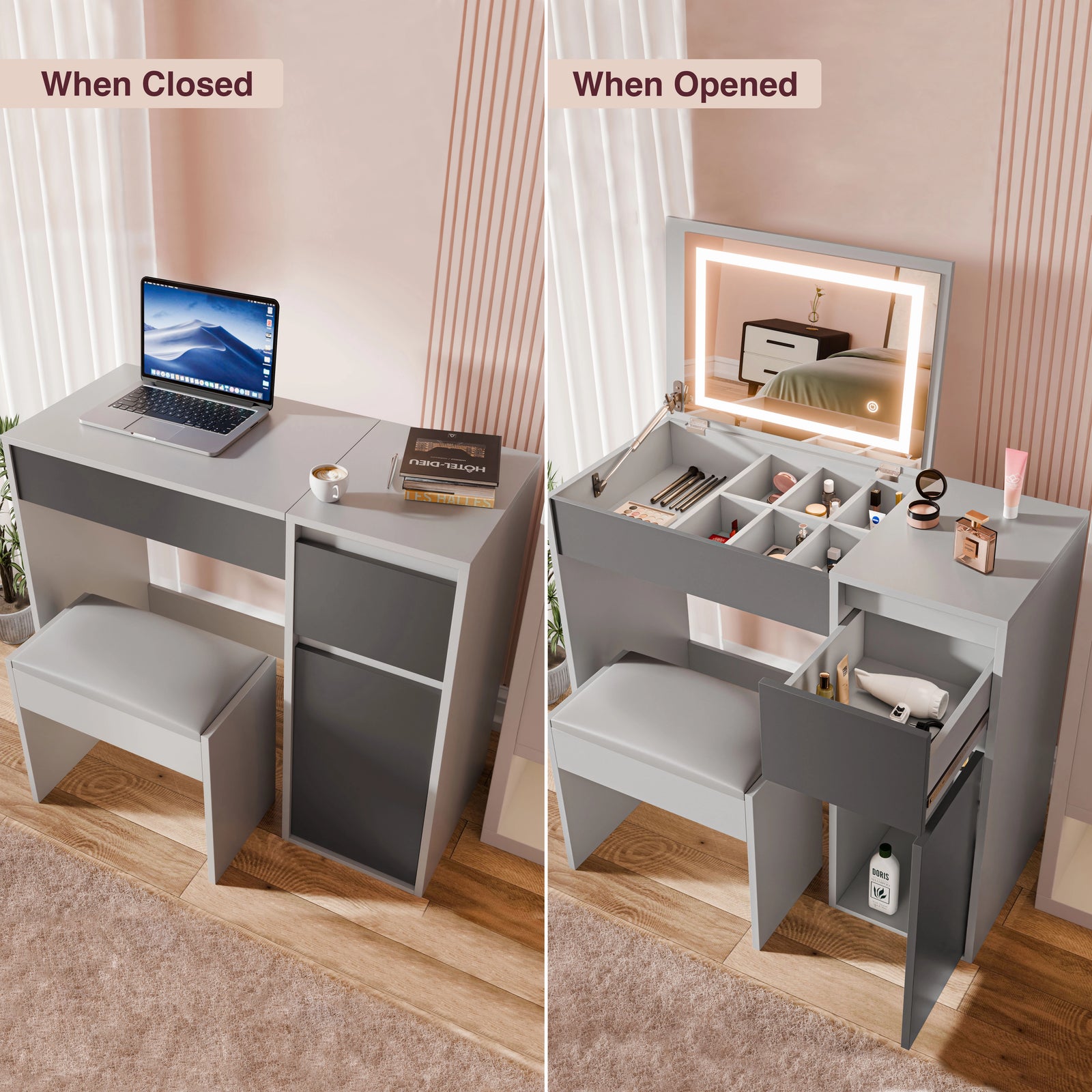 small dressing table grey Modern Gray Makeup Vanity Set with Velvet Surface Dressing & Mirror & Stool in SmallHomary