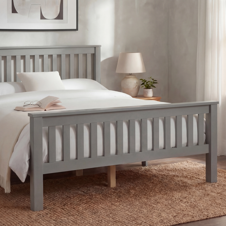 [Grey | Double] wooden double bed frame grey paint, slatted ends, cream bedding and oak bedside lamp visible
