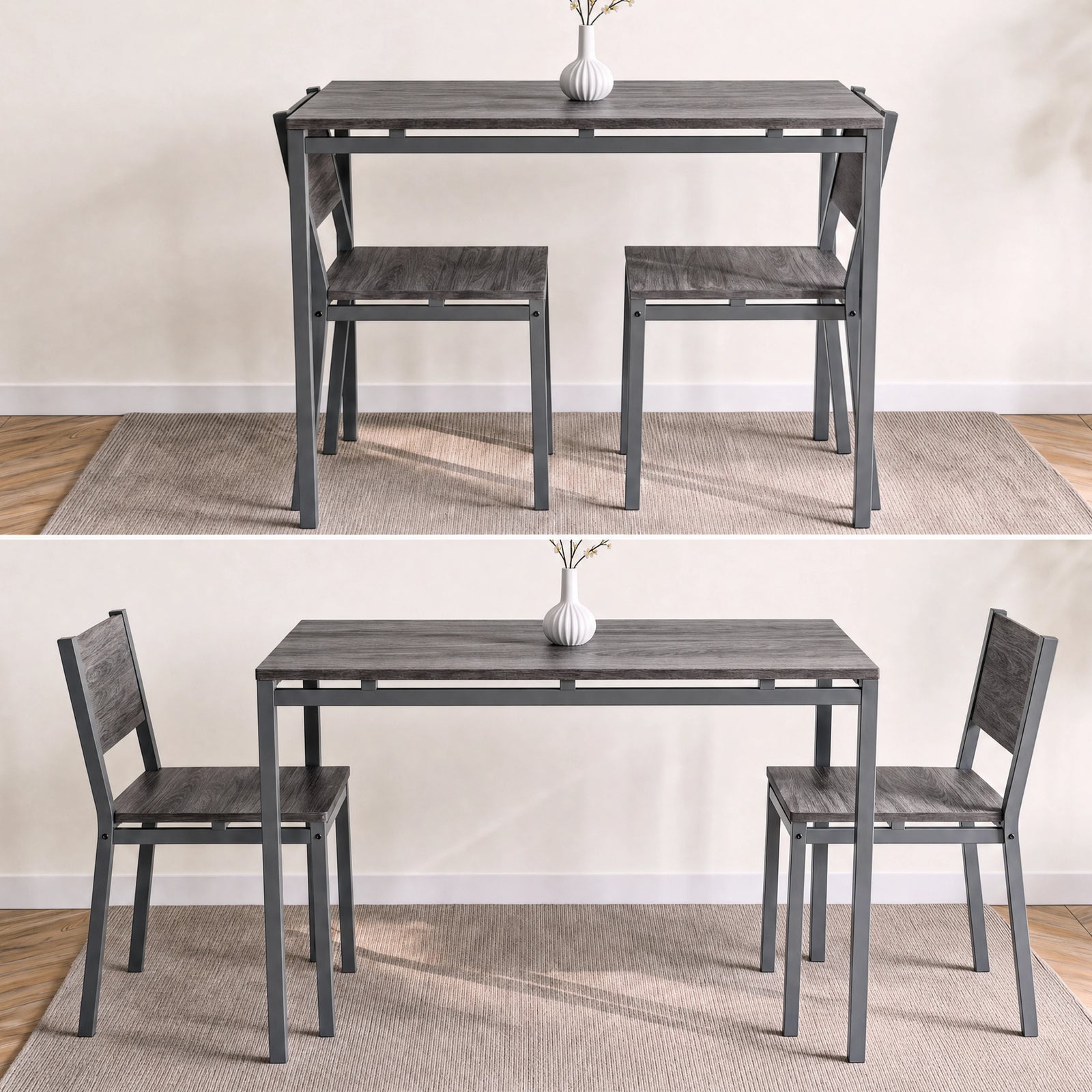 [Grey] Space saving dining table set showing chairs completely tucked away under table & expanded ready-to-use dining setup.