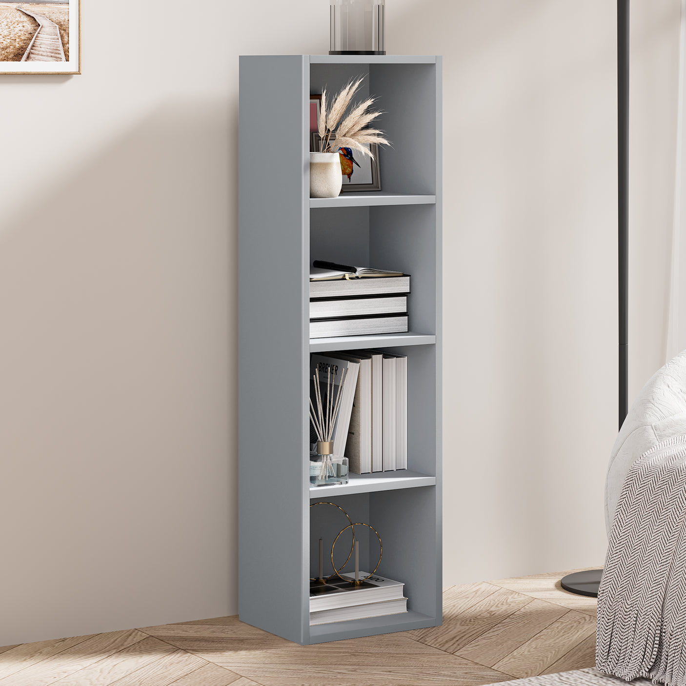Side view of grey 4 Tier Bookcase Cube Storage Unit. Modern and slim design for efficient home organization.