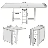 [Grey] Stovra Drop Leaf Dining Table technical drawing showing fully extended, half open, and folded dimensions