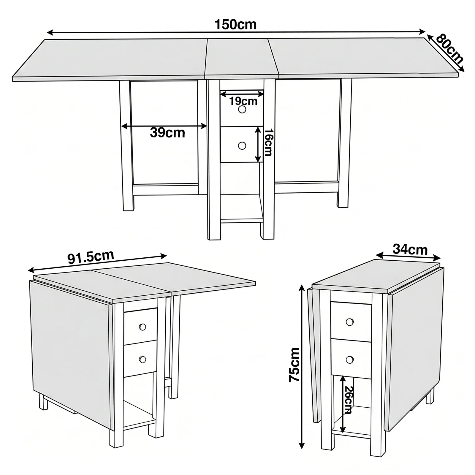 [Grey] Stovra Drop Leaf Dining Table technical drawing showing fully extended, half open, and folded dimensions