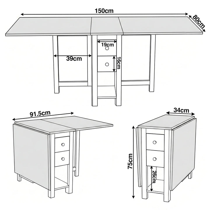 [Grey] Stovra Drop Leaf Dining Table technical drawing showing fully extended, half open, and folded dimensions