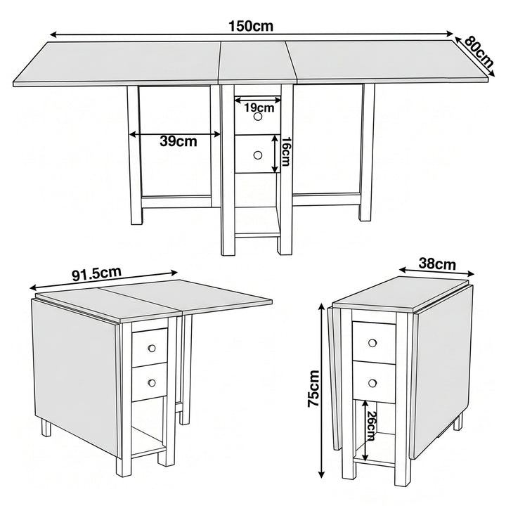 [Grey] Stovra Drop Leaf Dining Table technical drawing showing fully extended, half open, and folded dimensions