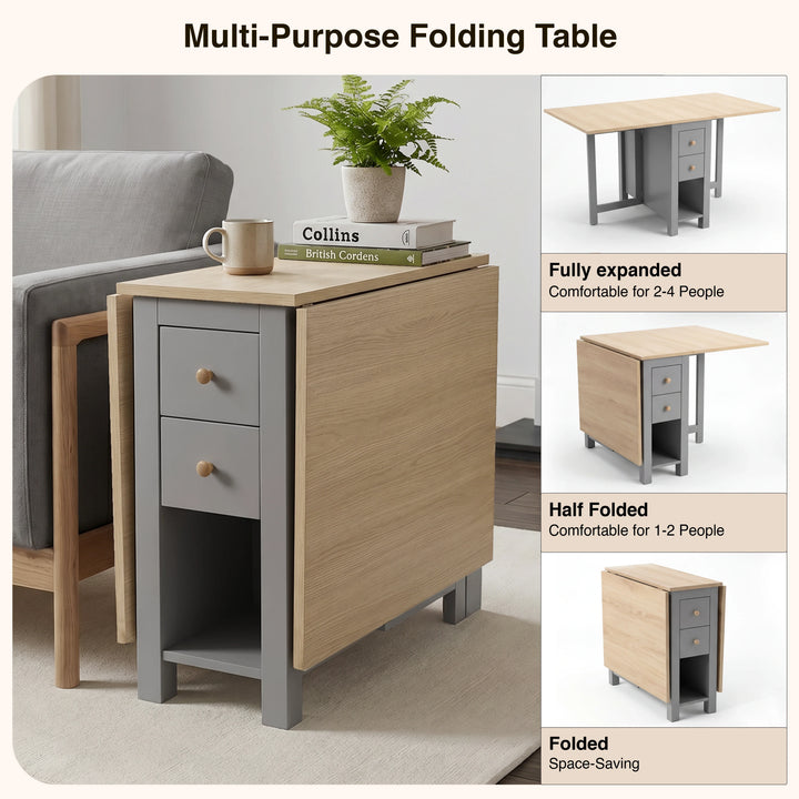 [Grey] Stovra Drop Leaf Dining Table infographic showing fully expanded, half folded, and folded configurations
