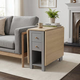 [Grey] Stovra Drop Leaf Dining Table used as a side table beside a sofa with one leaf extended and plant on top