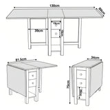 [Grey] Stovra Drop Leaf Dining Table technical drawing showing fully extended, half open, and folded dimensions