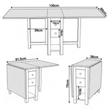 [Grey] Stovra Drop Leaf Dining Table technical drawing showing fully extended, half open, and folded dimensions